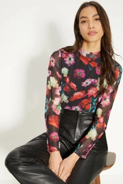 Best Oasis Floral Printed Funnel Neck Mesh Top Black