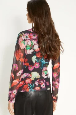Best Oasis Floral Printed Funnel Neck Mesh Top Black
