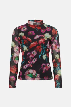 Best Oasis Floral Printed Funnel Neck Mesh Top Black