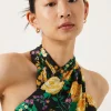 Fashion Oasis Floral Printed Halter Satin Top Black