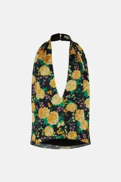 Fashion Oasis Floral Printed Halter Satin Top Black