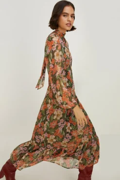 Best Oasis Floral Printed Metallic Chiffon Midi Dress Multi