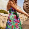 Online Oasis Floral Printed Satin Bandeau Bow Mini Dress Green