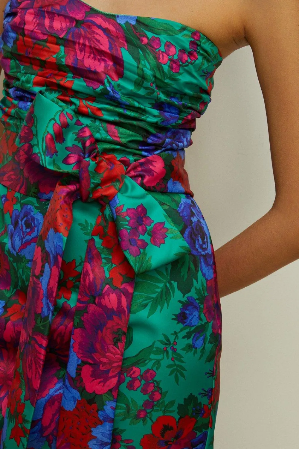 Online Oasis Floral Printed Satin Bandeau Bow Mini Dress Green