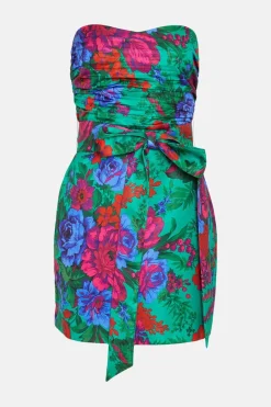 Online Oasis Floral Printed Satin Bandeau Bow Mini Dress Green