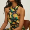 Online Oasis Floral Printed Satin Halter Belted Jumpsuit Black