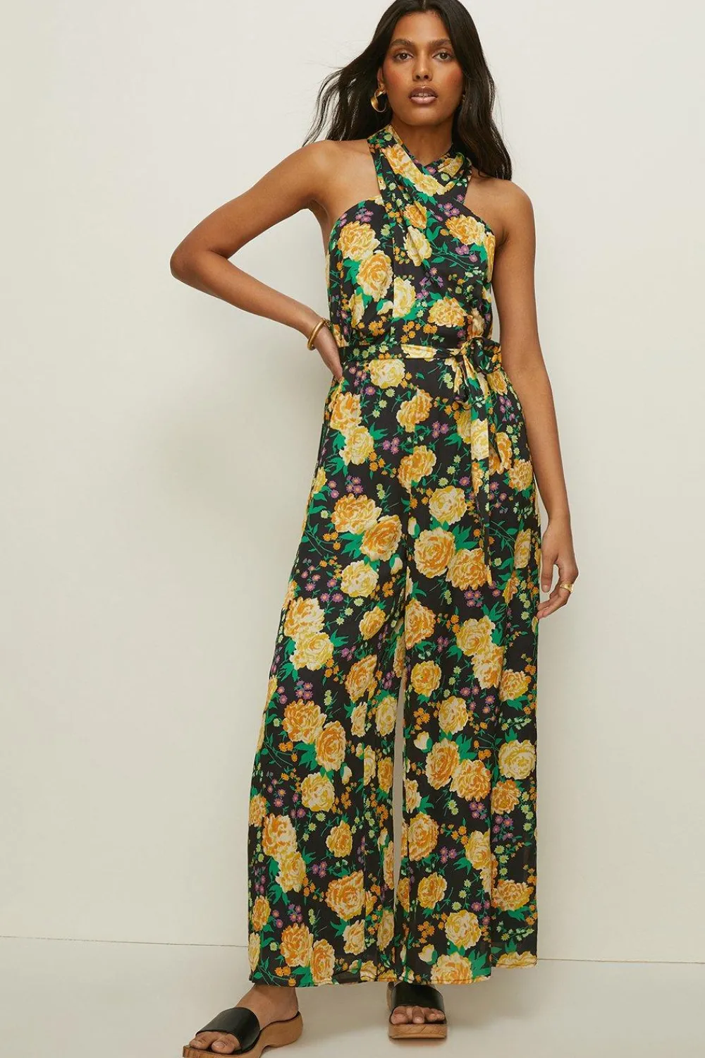 Online Oasis Floral Printed Satin Halter Belted Jumpsuit Black