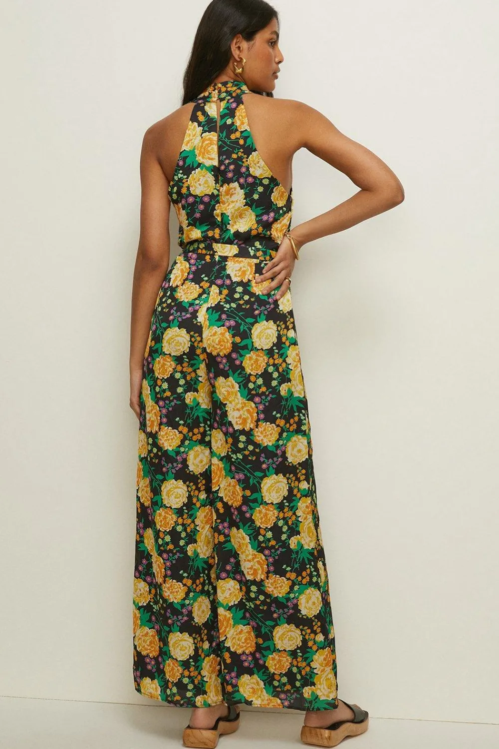 Online Oasis Floral Printed Satin Halter Belted Jumpsuit Black