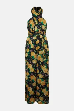 Online Oasis Floral Printed Satin Halter Belted Jumpsuit Black