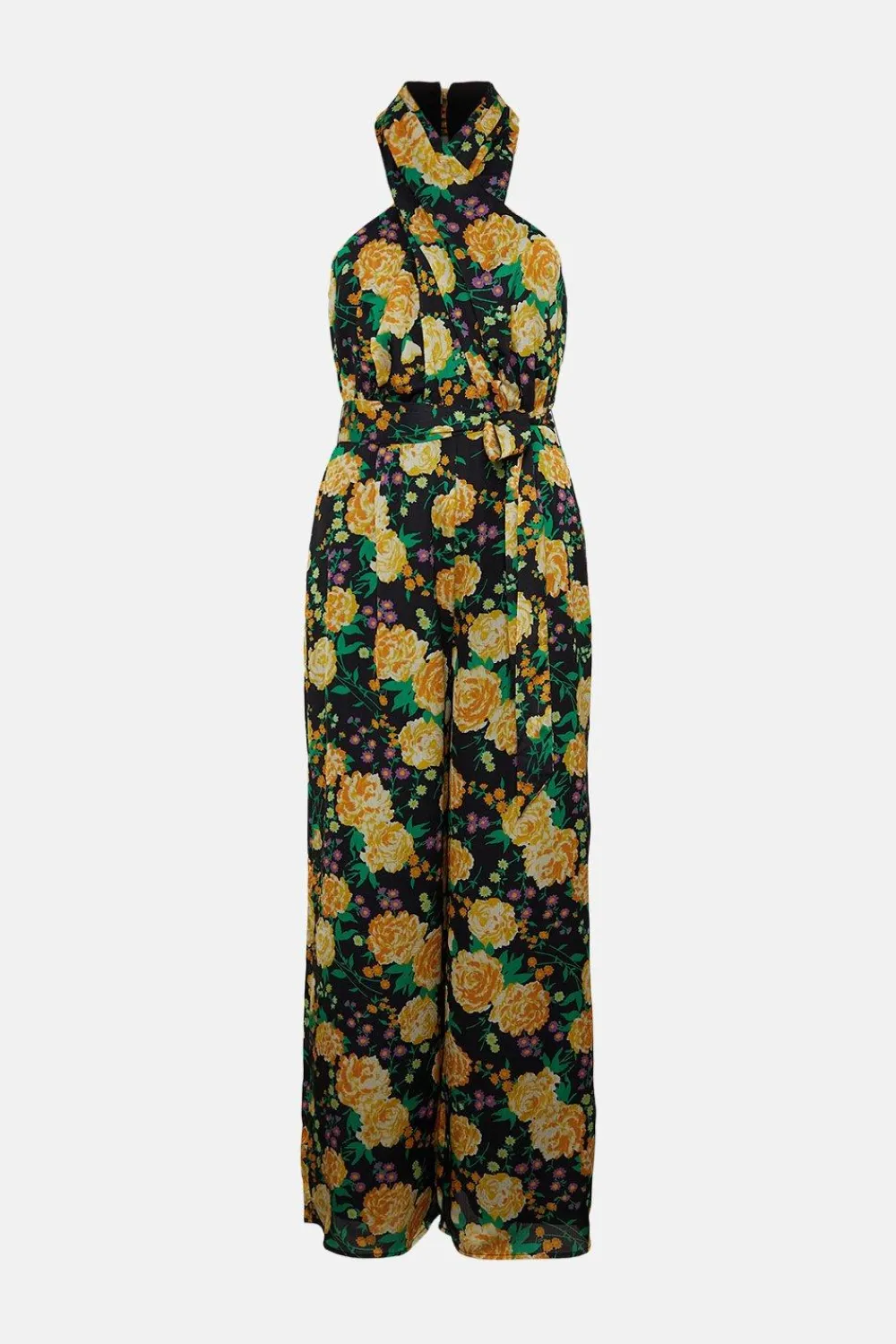 Online Oasis Floral Printed Satin Halter Belted Jumpsuit Black