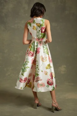 Discount Oasis Floral Printed Satin Twill Belted Midi Dress Multi