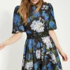 Best Oasis Floral Printed Scuba Lace Trim Skater Dress Blue