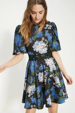 Best Oasis Floral Printed Scuba Lace Trim Skater Dress Blue