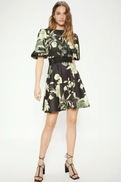 Best Oasis Floral Printed Scuba Lace Trim Skater Dress Green