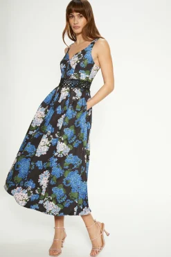 New Oasis Floral Printed Scuba Lace Detail Midi Dress Blue