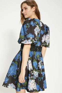 Best Oasis Floral Printed Scuba Lace Trim Skater Dress Blue