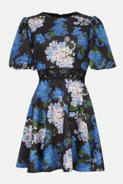 Best Oasis Floral Printed Scuba Lace Trim Skater Dress Blue