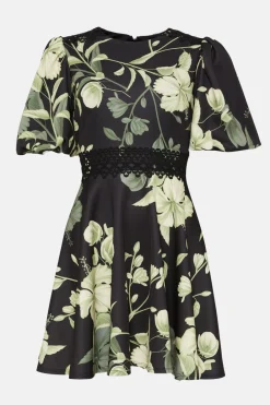 Best Oasis Floral Printed Scuba Lace Trim Skater Dress Green