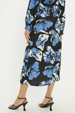 Clearance Oasis Floral Printed Seam Detail Midi Skirt Blue