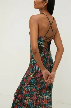Sale Oasis Floral Printed Sequin Cross Back Midi Dress Black