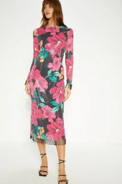 Outlet Oasis Floral Printed Sequin Fringe Detail Column Midi Dress Black