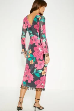 Outlet Oasis Floral Printed Sequin Fringe Detail Column Midi Dress Black