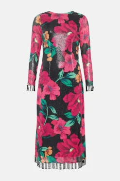 Outlet Oasis Floral Printed Sequin Fringe Detail Column Midi Dress Black