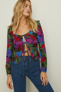 Fashion Oasis Floral Printed Tie Detail Top Green