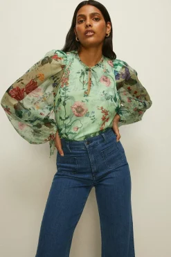 New Oasis Floral Printed Tie Keyhole Blouse Sage