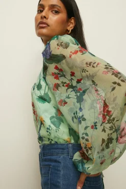 New Oasis Floral Printed Tie Keyhole Blouse Sage