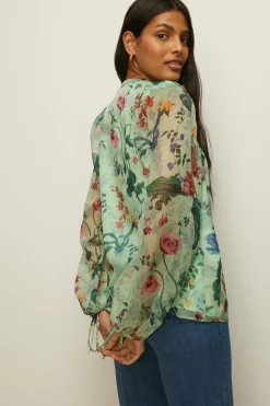 New Oasis Floral Printed Tie Keyhole Blouse Sage
