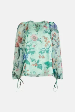 New Oasis Floral Printed Tie Keyhole Blouse Sage