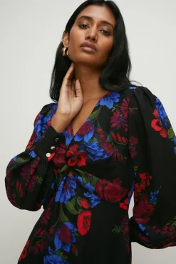 Discount Oasis Floral Printed Twist Front Crepe Midi Dress Black