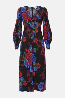 Discount Oasis Floral Printed Twist Front Crepe Midi Dress Black