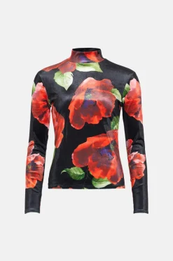Outlet Oasis Floral Printed Velvet Funnel Neck Top Black
