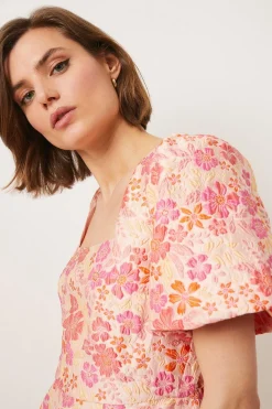 Online Oasis Floral Puff Sleeve Jacquard Mini Dress Pink