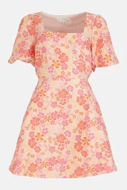 Online Oasis Floral Puff Sleeve Jacquard Mini Dress Pink