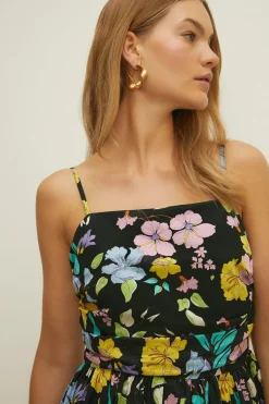 Outlet Oasis Floral Ruched Bodice Strappy Midi Dress Neon