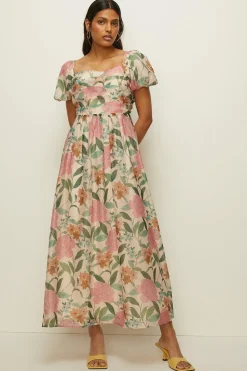 Discount Oasis Floral Ruched Detail Organza Midi Dress Navy