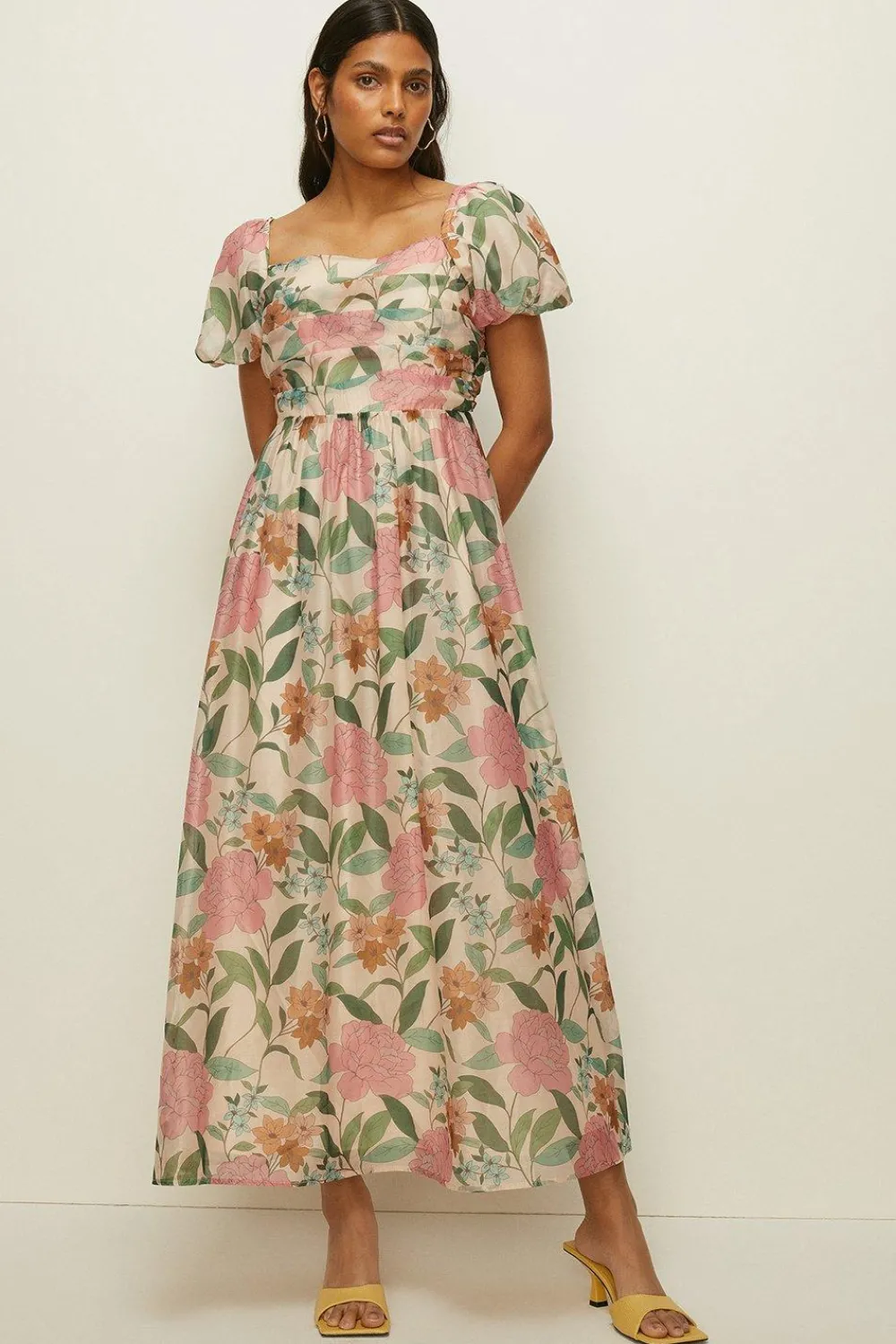 Discount Oasis Floral Ruched Detail Organza Midi Dress Navy
