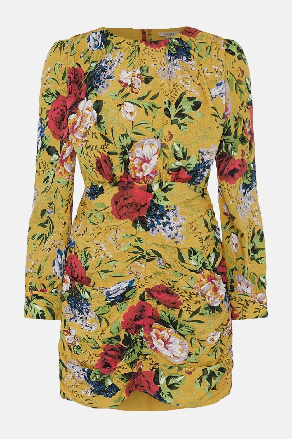 Hot Oasis Floral Ruched Mini Dress Ochre