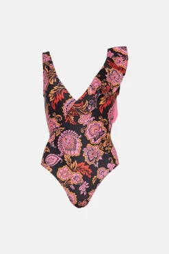 New Oasis Floral Ruffle Shoulder Swimsuit Black