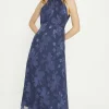 Hot Oasis Floral Satin Burnout Halter Midi Dress Navy