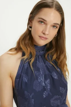 Hot Oasis Floral Satin Burnout Halter Midi Dress Navy
