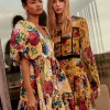 Clearance Oasis Floral Satin Puff Sleeve Skater Dress Ochre