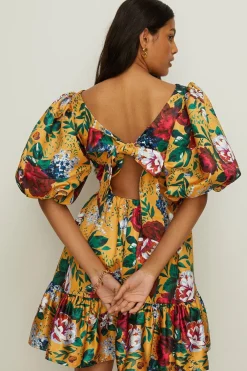 Clearance Oasis Floral Satin Puff Sleeve Skater Dress Ochre