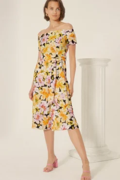 Online Oasis Floral Scallop Belted Bardot Jumpsuit Black