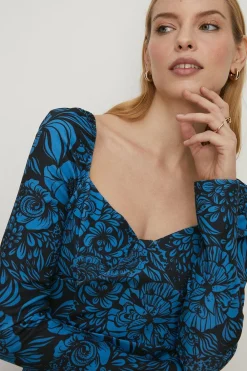 Discount Oasis Floral Scuba Crepe Sweetheart Neck Mini Dress Blue