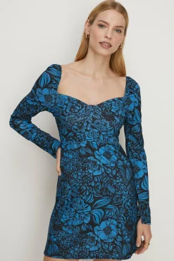Discount Oasis Floral Scuba Crepe Sweetheart Neck Mini Dress Blue