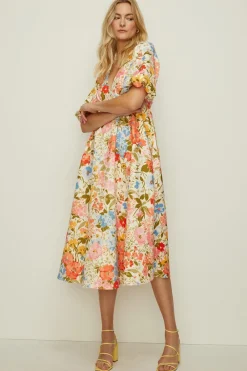 Clearance Oasis Floral Scuba Puff Sleeve Midi Dress Ivory